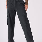 Full front shot of the durable cotton black straight leg cargo pants women's.