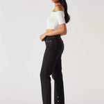 Side view showcasing the popper hem detail on Women's Black Wash Straight Leg Jeans