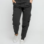 Front view of the black utility joggers womens highlighting the drawstring waist.