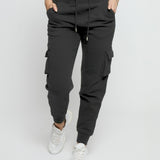 Front view of the black utility joggers womens highlighting the drawstring waist.