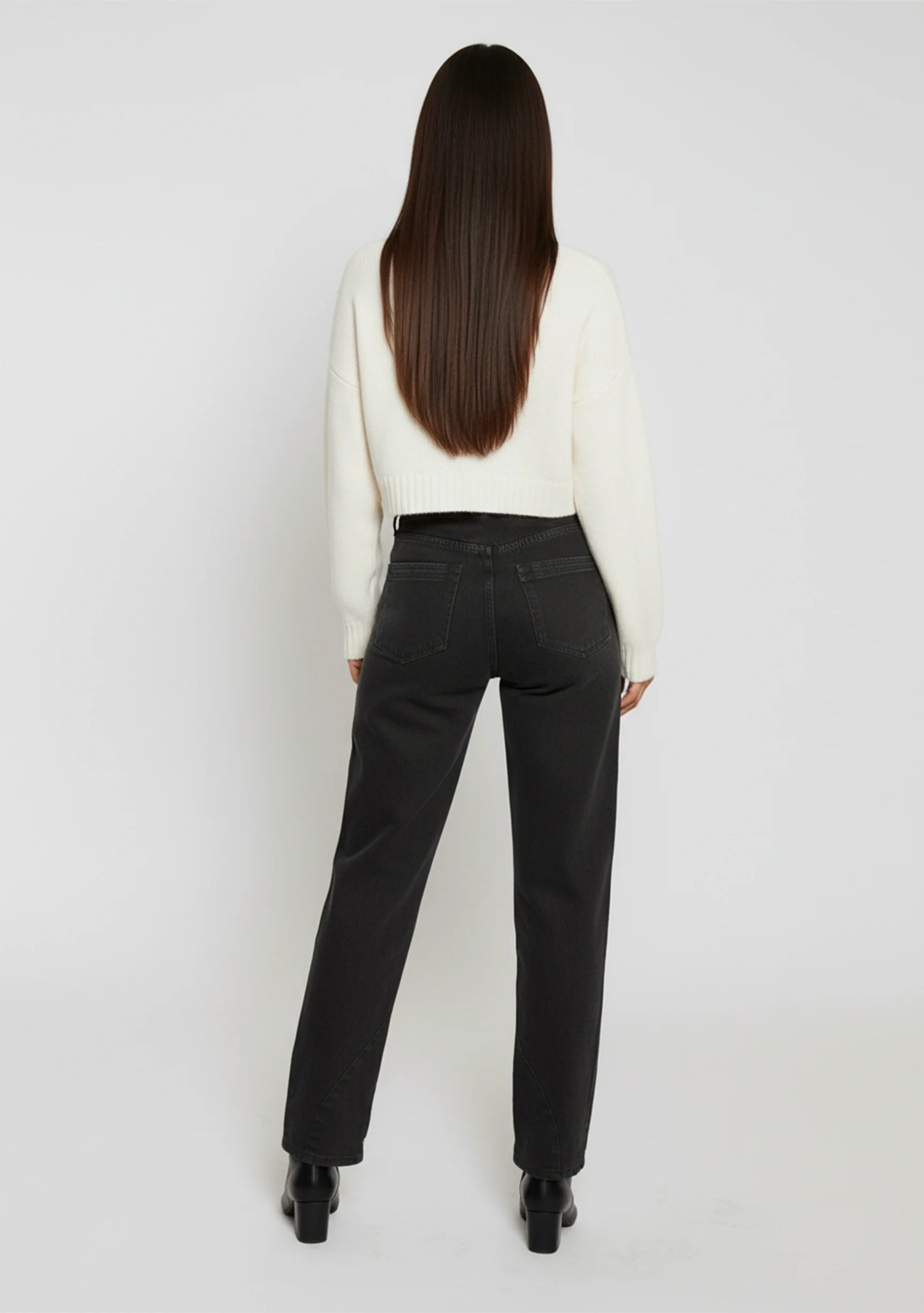 Full length back view of Black Wash Curved Seam Straight Leg Jeans