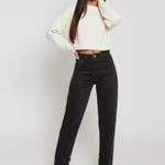Casual standing pose in Black Wash Curved Seam Straight Leg Jeans