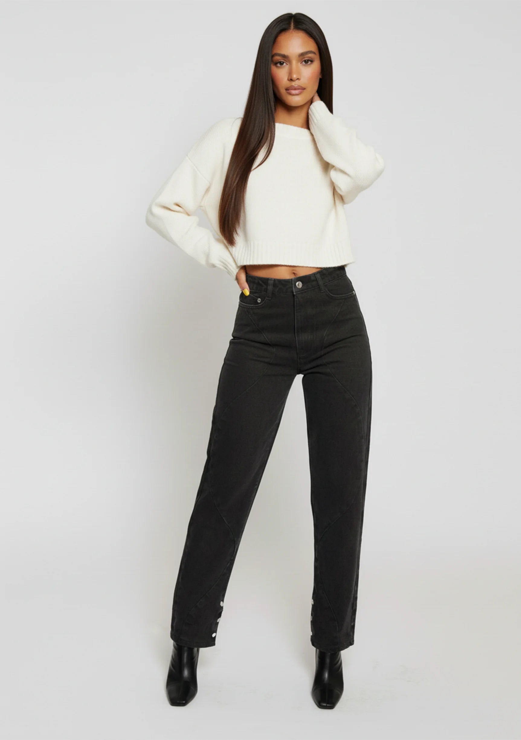Casual standing pose in Black Wash Curved Seam Straight Leg Jeans