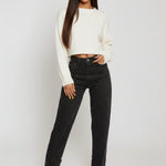 Front view of model wearing Black Wash Curved Seam Straight Leg Jeans