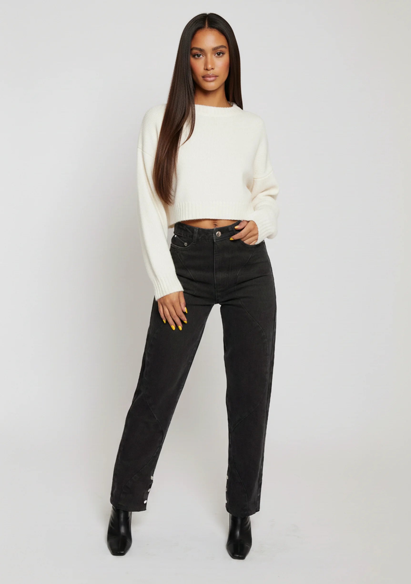 Front view of model wearing Black Wash Curved Seam Straight Leg Jeans