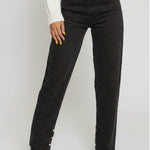 Close up of seam details on Black Wash Curved Seam Straight Leg Jeans