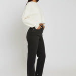 Side profile view of Black Wash Curved Seam Straight Leg Jeans
