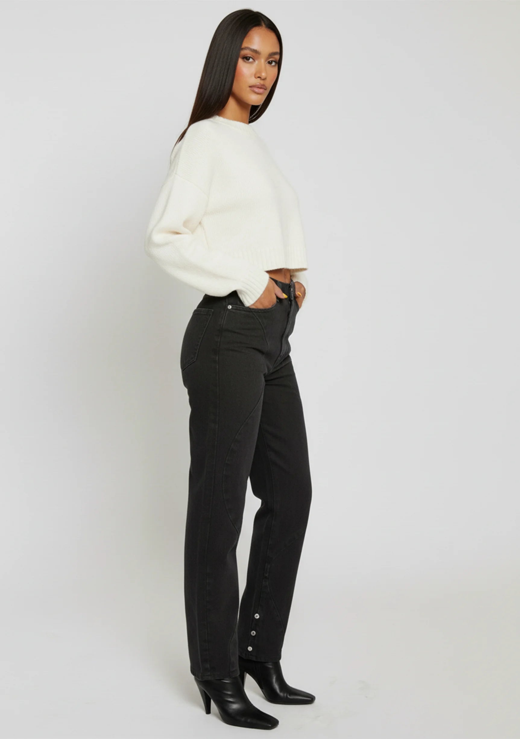 Side profile view of Black Wash Curved Seam Straight Leg Jeans