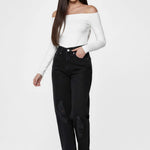 Model walking towards the camera in Black Wash Denim Pants Straight Leg Women