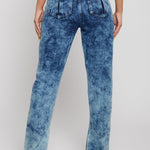 Back view showing patch pockets on bleach wash straight-leg jeans