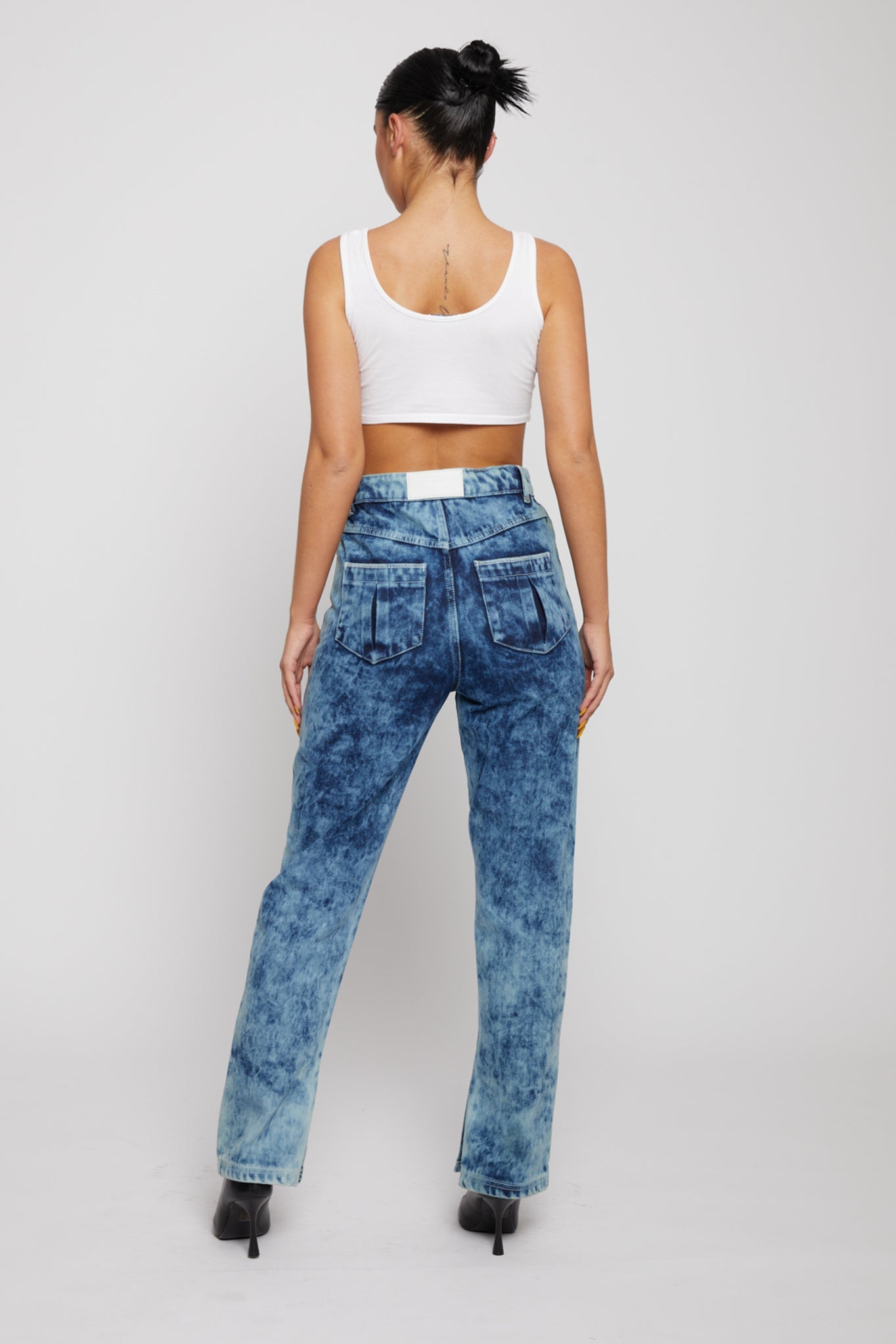 Bleach wash straight-leg jeans back view high-waisted