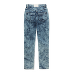 Flat lay back view of bleach wash straight-leg jeans