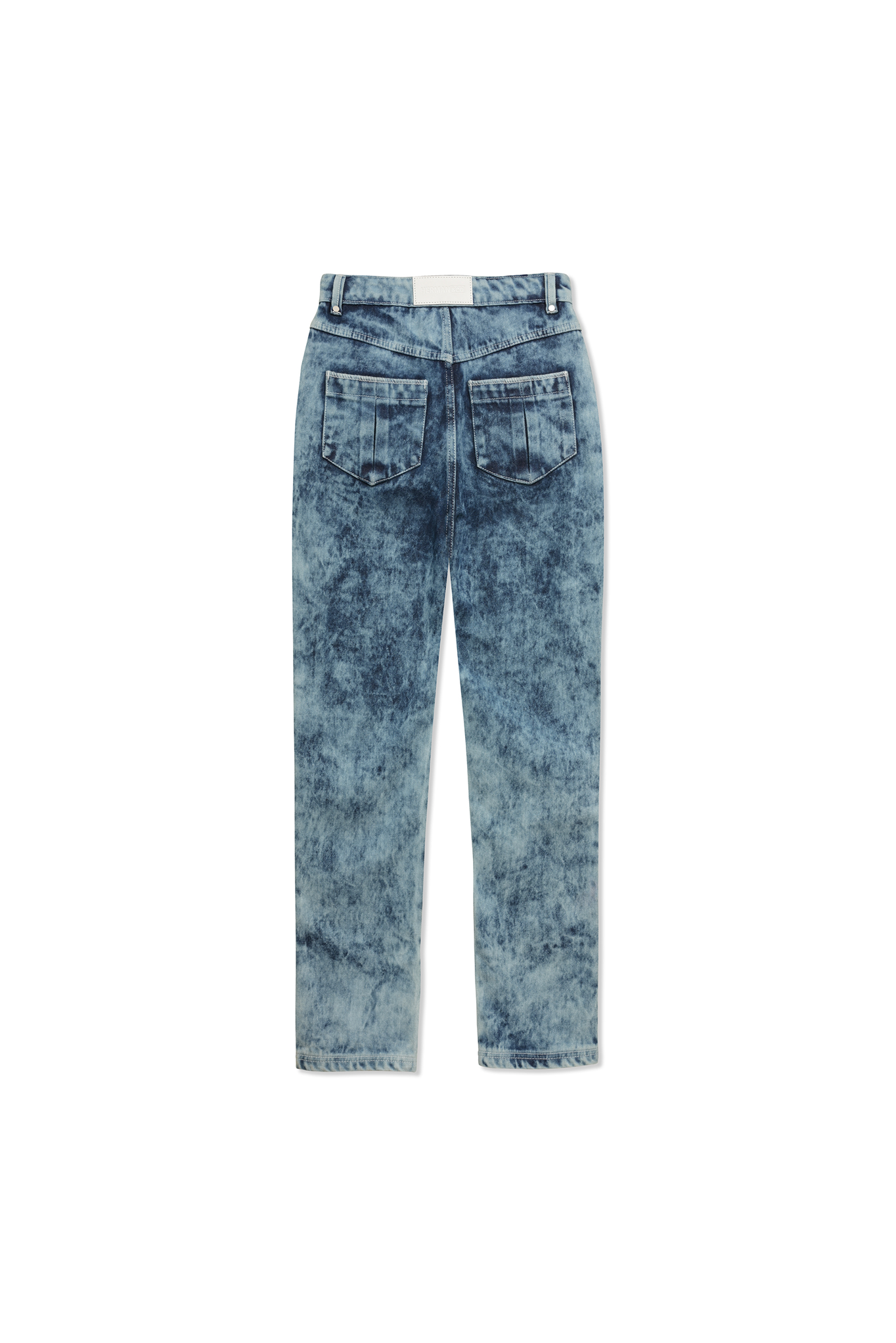 Flat lay back view of bleach wash straight-leg jeans