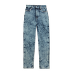 Flat lay front view of bleach wash straight-leg jeans with snap details