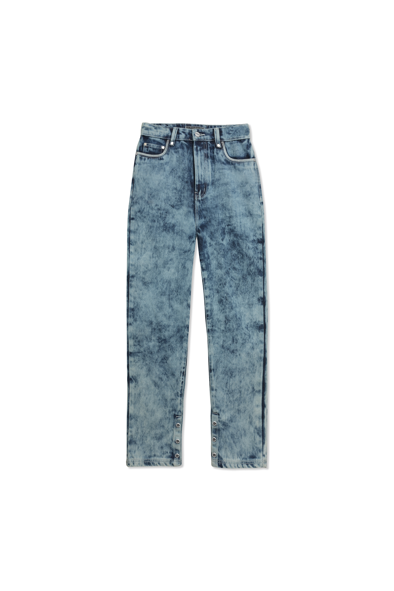 Flat lay front view of bleach wash straight-leg jeans with snap details