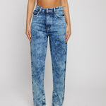 Bleach wash straight-leg jeans front view dark blue