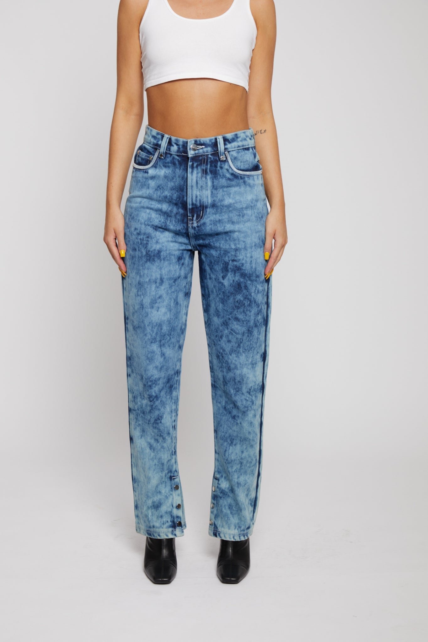 Bleach wash straight-leg jeans front view dark blue