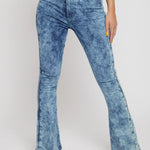 Close up front view of high-waisted blue acid wash jeans