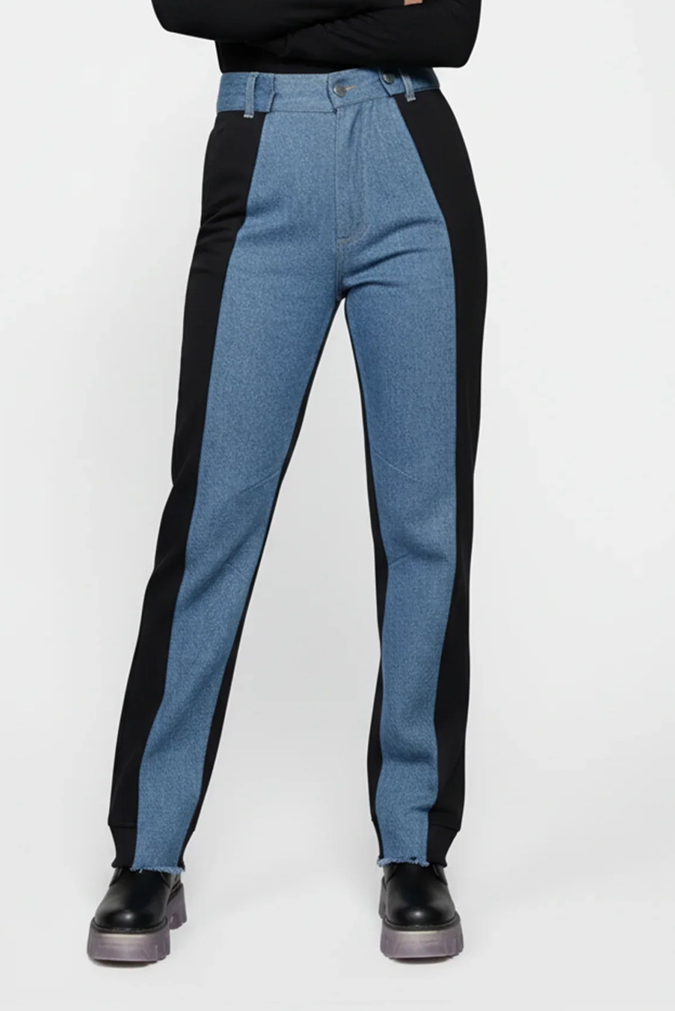 Blue and black pants on a white background