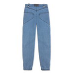 Back view of the women's blue cargo jeans laid flat.