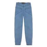 Back view of the women's blue cargo jeans laid flat.