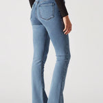 Person wearing blue flared jeans on a white background