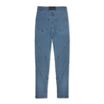 Back view of the blue high-waisted skinny jeans laid flat.
