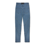Back view of the blue high-waisted skinny jeans laid flat.