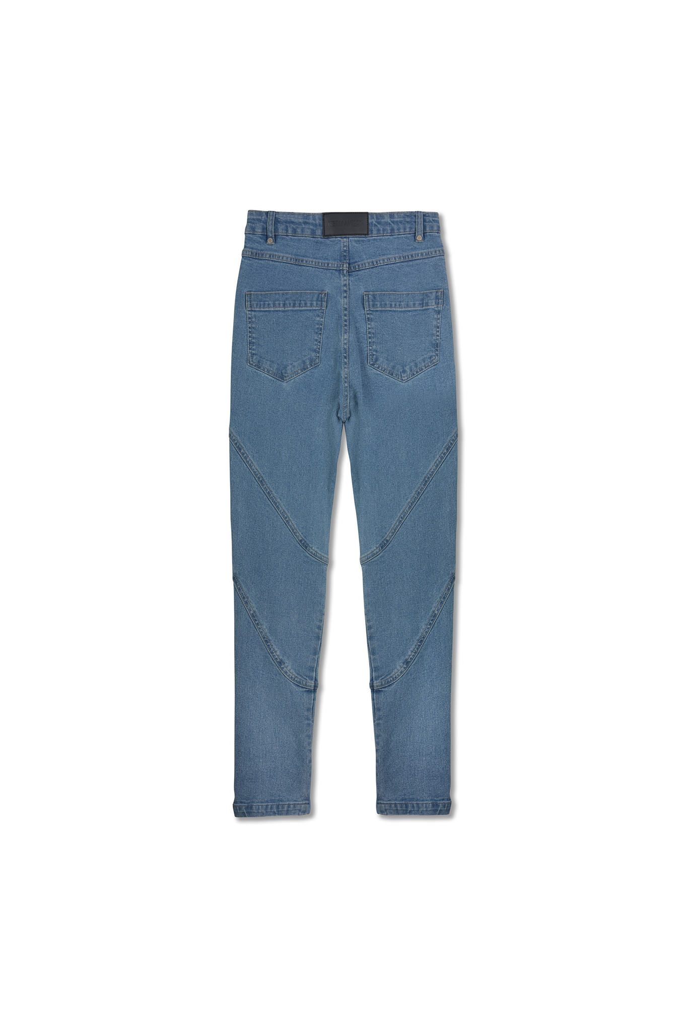 Back view of the blue high-waisted skinny jeans laid flat.