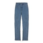 Front view of the blue high-waisted skinny jeans laid flat.