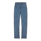 Front view of the blue high-waisted skinny jeans laid flat.