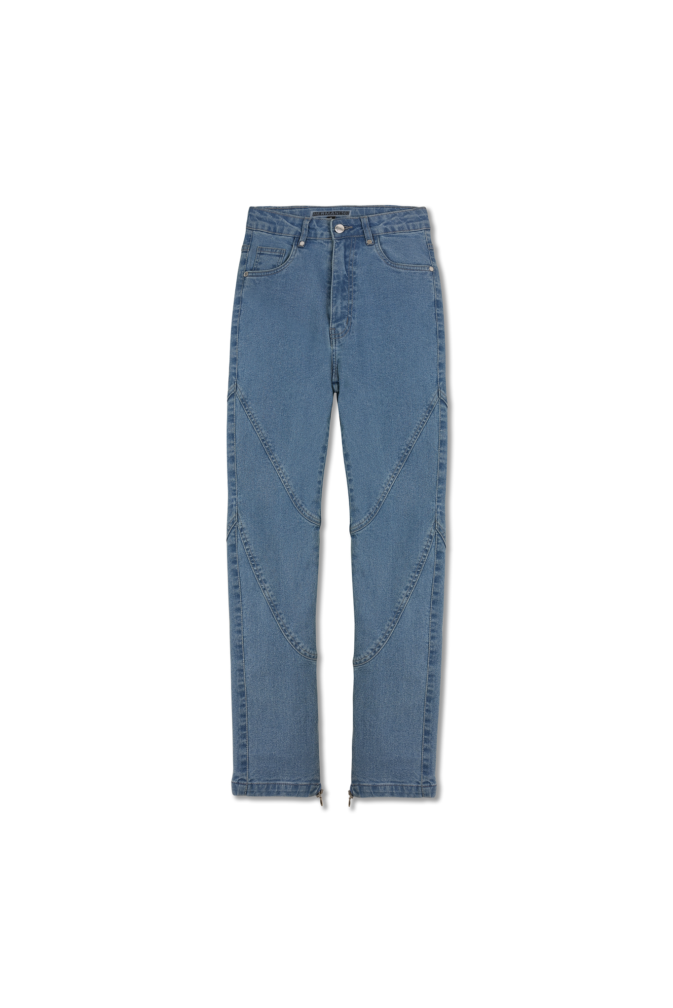 Front view of the blue high-waisted skinny jeans laid flat.