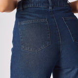A zoomed in shot of the rear pockets and stitching on the blue high waisted wide leg cargo denim jeans.