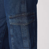 Detailed close up of the functional 3D cargo pocket on the blue denim fabric.