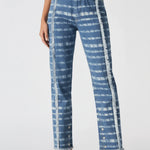 View of the legs highlighting the frayed center seams of Blue Mist Straight Fit Frayed Edge Jeans