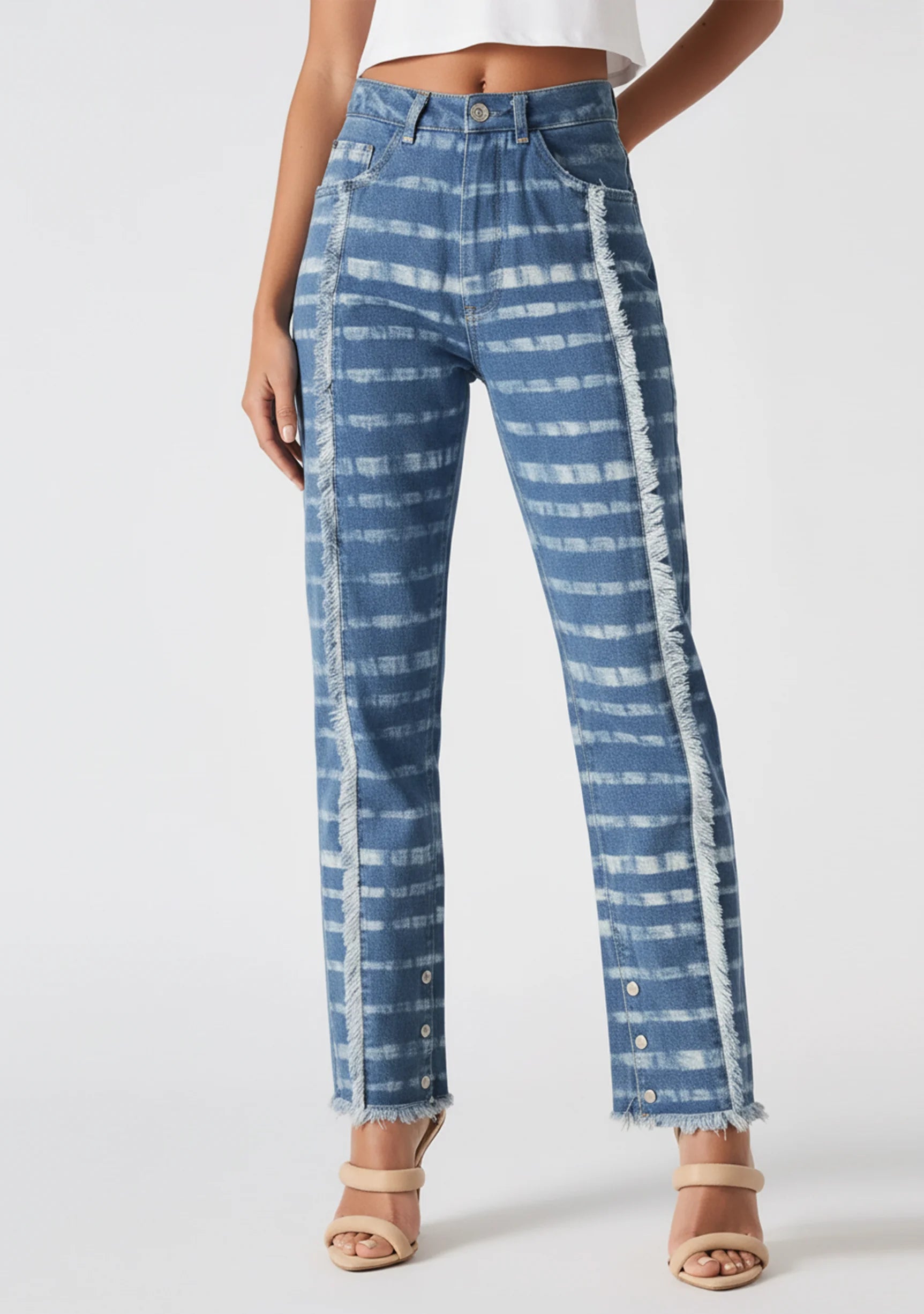 View of the legs highlighting the frayed center seams of Blue Mist Straight Fit Frayed Edge Jeans