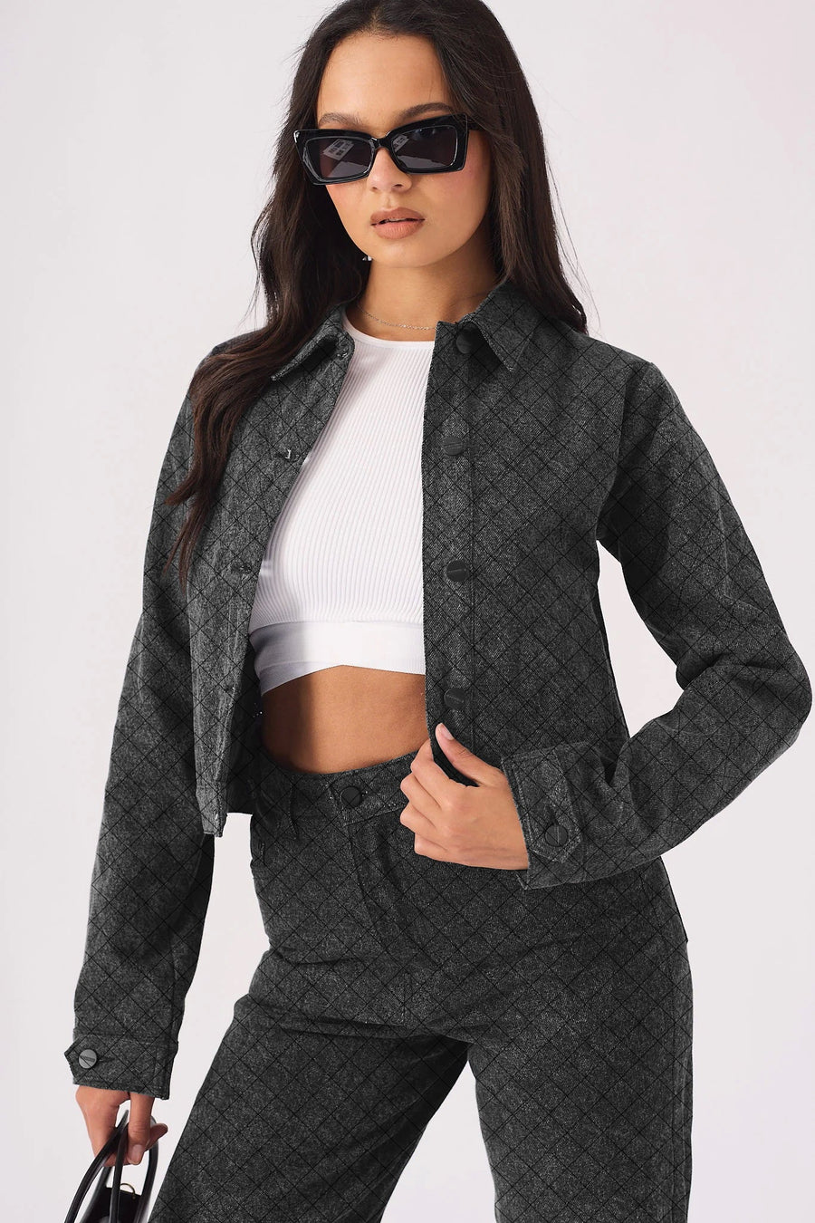 Bracken Diamond Stitch Crop Denim Jacket – Black Acid Wash - JMOJO - Women's Cropped Denim Jackets