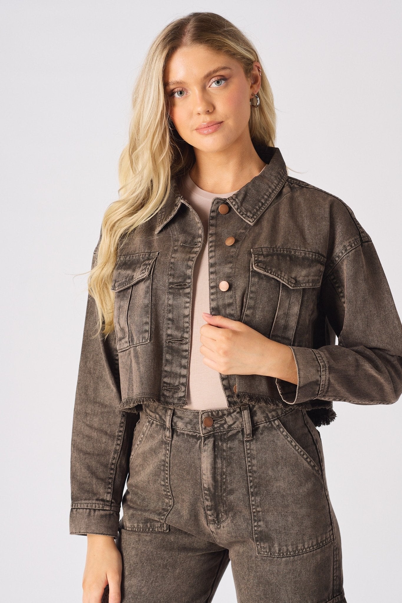 CARGO DENIM JACKET - BROWN - JMOJO - Women's Cargo Denim Jackets