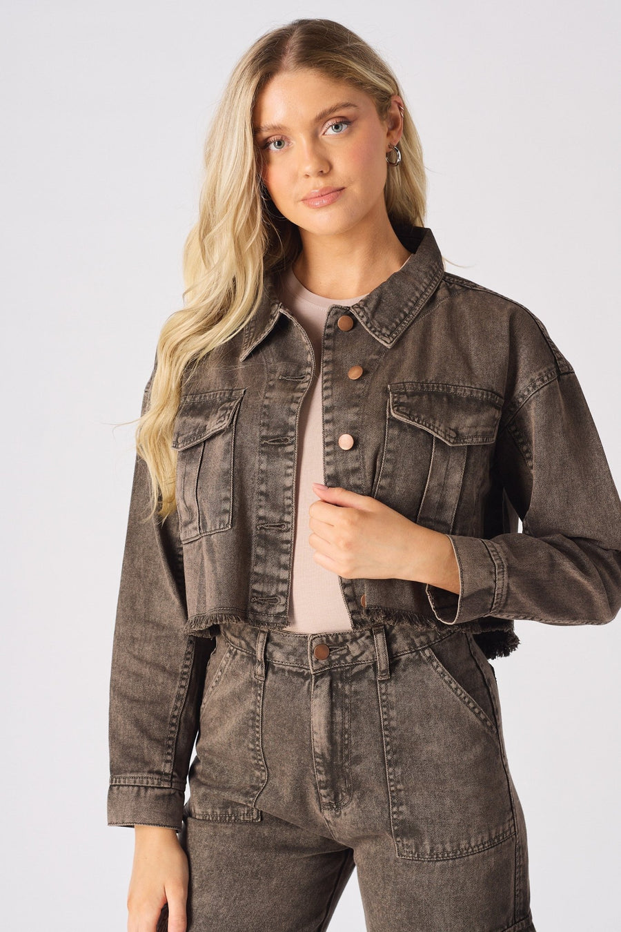 CARGO DENIM JACKET - BROWN - JMOJO - Women's Cargo Denim Jackets