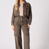 CARGO DENIM JACKET - BROWN - JMOJO - Women's Cargo Denim Jackets