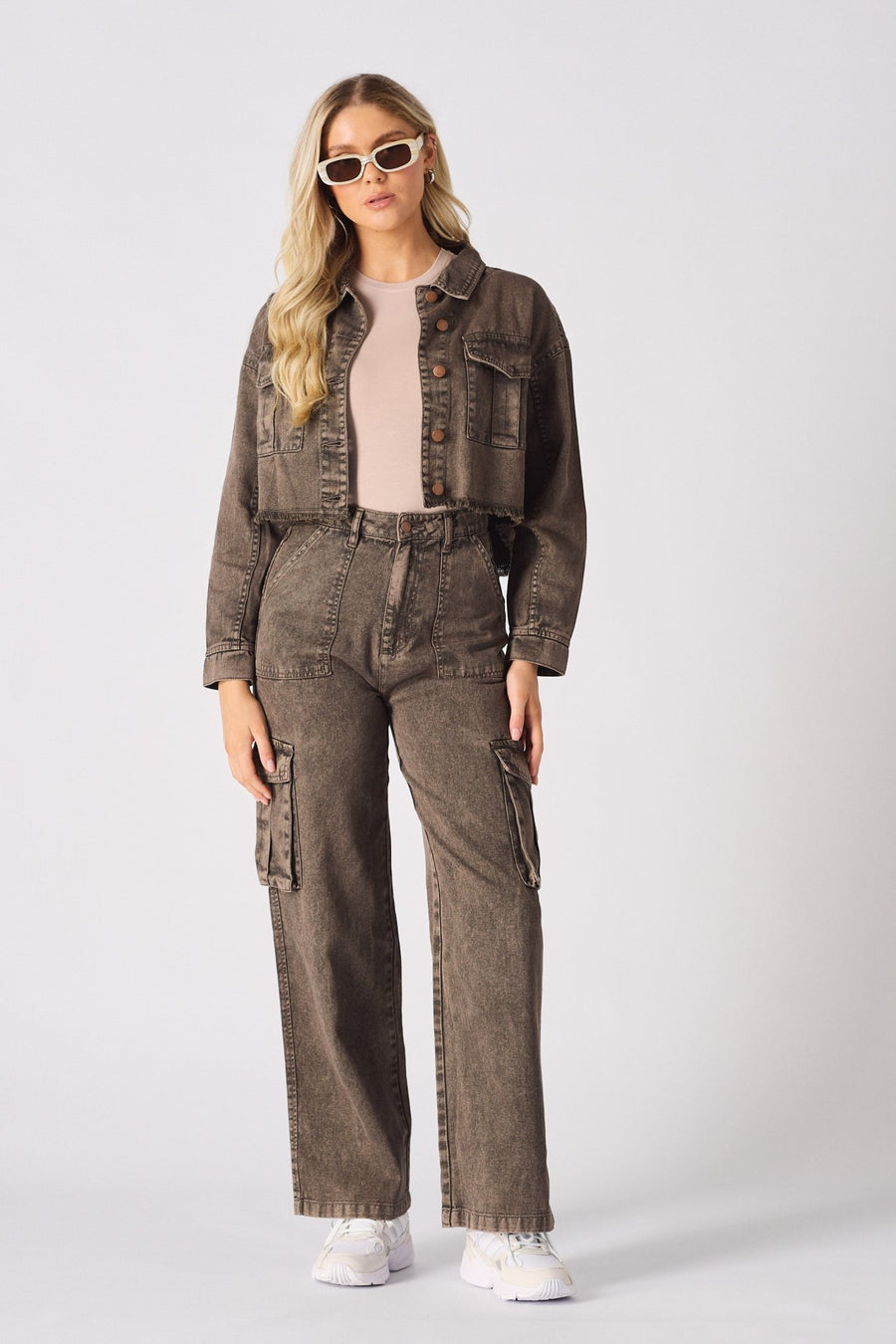 CARGO DENIM JACKET - BROWN - JMOJO - Women's Cargo Denim Jackets
