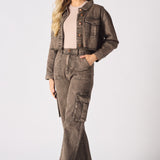 CARGO DENIM JACKET - BROWN - JMOJO - Women's Cargo Denim Jackets