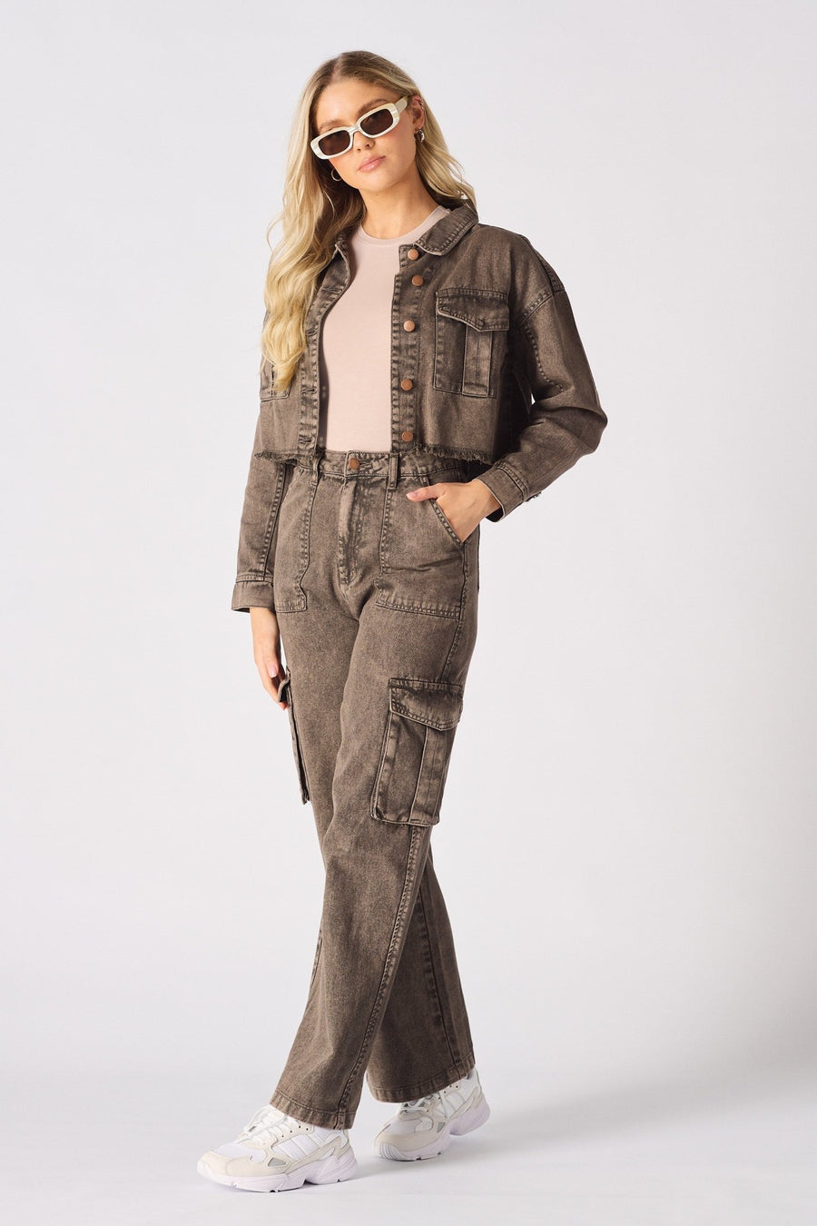 CARGO DENIM JACKET - BROWN - JMOJO - Women's Cargo Denim Jackets