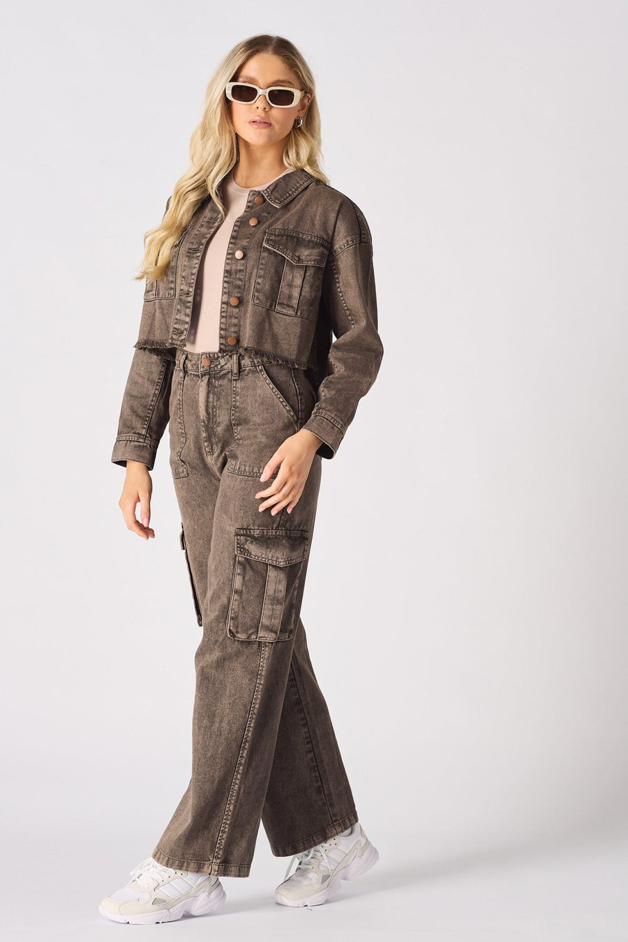 CARGO DENIM JACKET - BROWN - JMOJO - Women's Cargo Denim Jackets