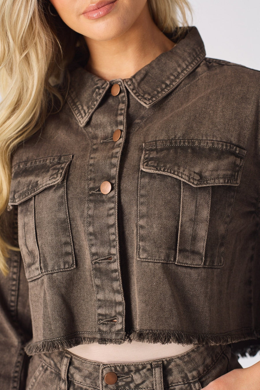 CARGO DENIM JACKET - BROWN - JMOJO - Women's Cargo Denim Jackets