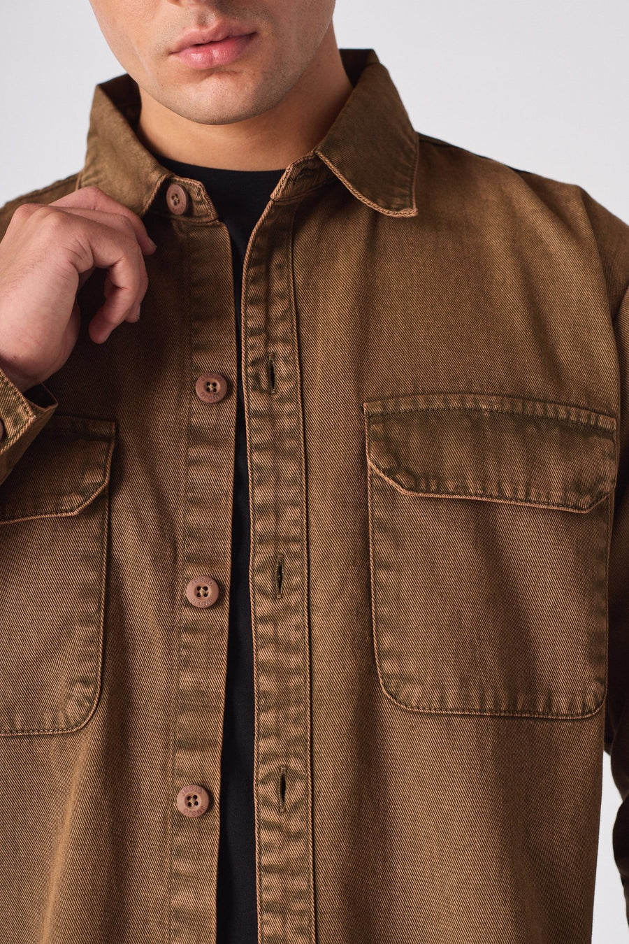 CARGO DENIM SHIRT - BROWN ACID WASH - JMOJO - Men's cargo denim shirts