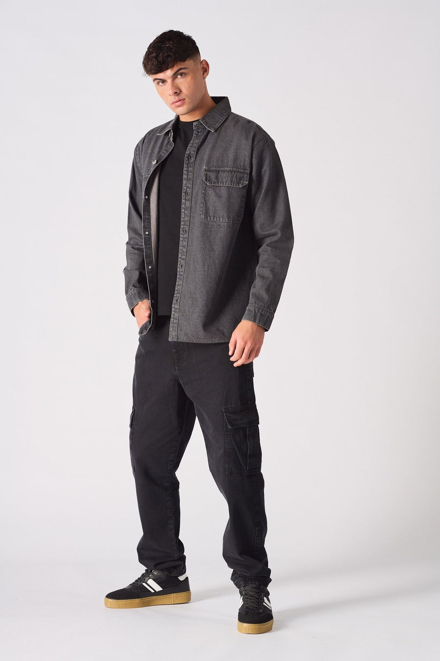 CARGO DENIM SHIRT - GREY ACID WASH - JMOJO - Men's cargo denim shirts