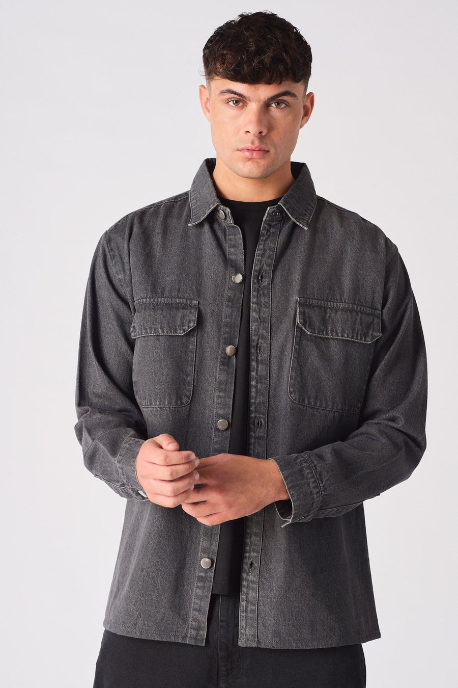CARGO DENIM SHIRT - GREY ACID WASH - JMOJO - Men's cargo denim shirts
