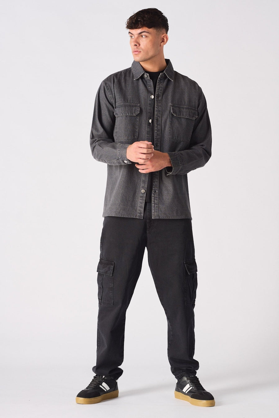CARGO DENIM SHIRT - GREY ACID WASH - JMOJO - Men's cargo denim shirts