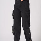 Front view of relaxed straight-leg black cargo jeans showing the functional utility pockets.